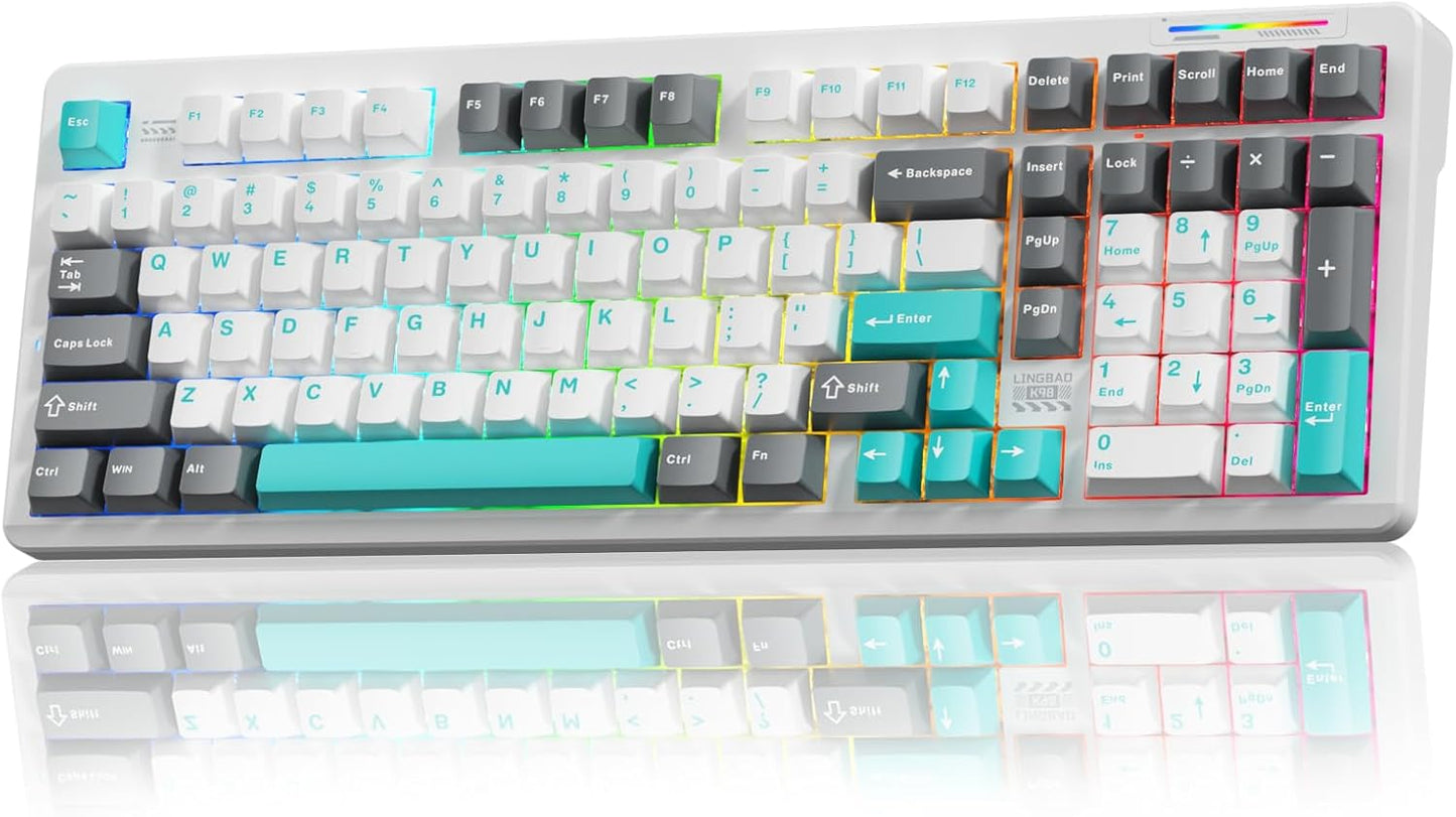 LINGBAO K98 Wireless Mechanical Gaming Keyboard, 10000mAh Battery Tri-Mode BT5.0/2.4GHz/USB-C, Gasket Custom Hot-Swappable Linear Switches Mechanical Keyboards, RGB Backlit Keyboard for PC Laptop
