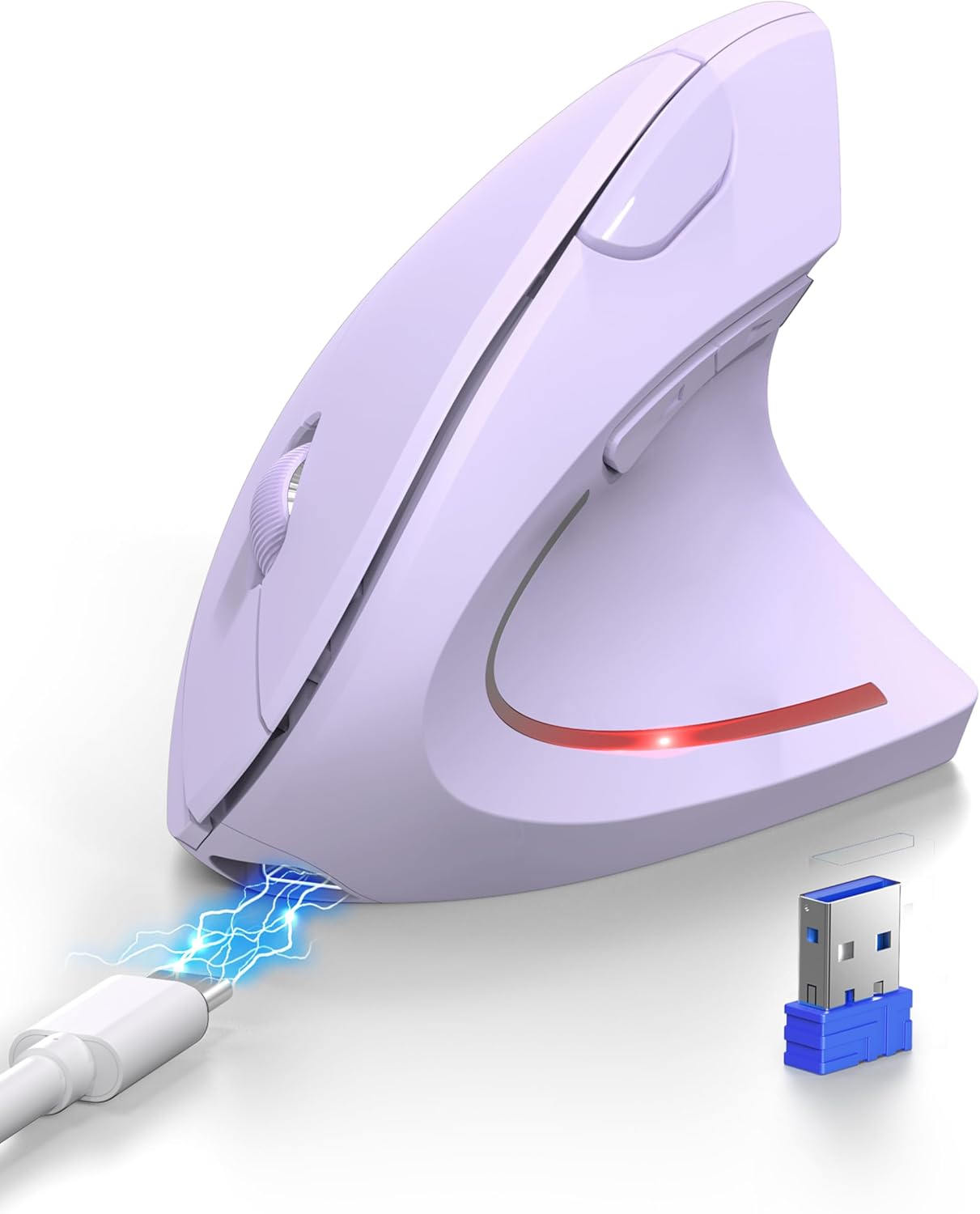 TECKNET Ergonomic Mouse, Rechargeable 2.4G+Bluetooth Vertical Mice 6 DPI Adjustable, Wireless Optical Carpal Tunnel Mouse for Right Hand, Silent 6 Buttons for Laptop, PC, MacBook, iPad - Light Purple