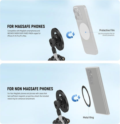 NEEWER Magnetic Flexible Phone Tripod Compatible with Magsafe iPhone 15 Pro Max 14 Series Android, Mini Vlog Cellphone Tripod Stand with Ball Head for Stroller Bike Motorcycle Tube Round Objects, TP33