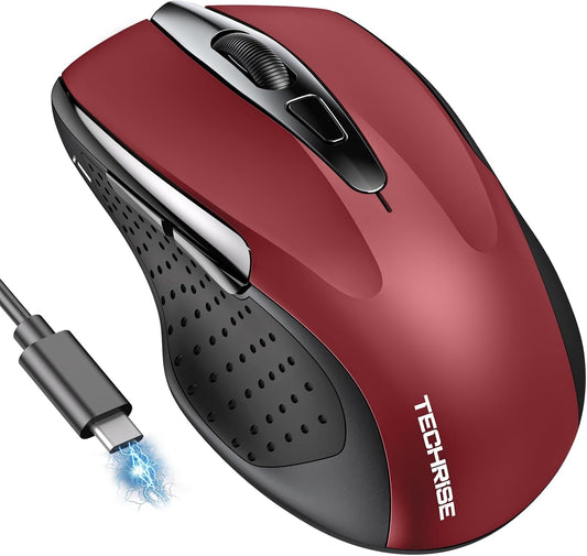 Bluetooth Mouse (BT5.0/3.0 & 2.4G) Rechargeable Wireless Mouse, 4800 DPI Optical Tracking, 6 Adjustable DPI, 2.4GHz with USB A Receiver, Quiet Clicks, Ergonomic Grips, 6 Buttons - Red