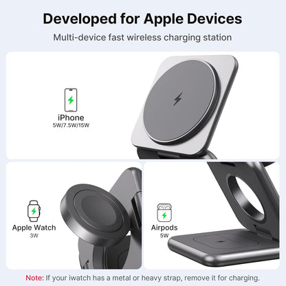 3 in 1 Charging Station for Apple Multiple Devices, Zinc Alloy Foldable Travel Wireless Charging pad for Mag-Safe Wireless Charger Stand for iPhone 16 15 14 13 12 Apple Watch Airpods