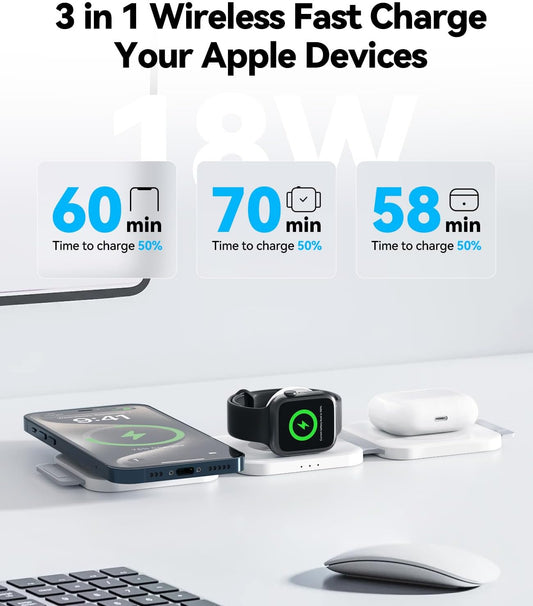 3 in 1 Charging Station for Apple Multiple Devices, Foldable Magnetic Fast Wireless Charger Dock, Travel Charging Pad for iPhone 16 15 14 13 12 Pro Max Plus Apple Watch Series & AirPods 4/3/2/Pro