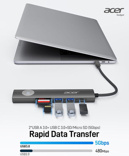 Acer USB C HUB Multiport Adapter, 7 in 1 USB-C to HDMI Adapter with 4K@60Hz, 100W PD, 5Gbps 2*USB-A 3.1, 1*Type-C 3.1, SD Card Reader Type C Dongle for iPhone 16/15, MacBook Pro/air, iPad, Acer(Black)