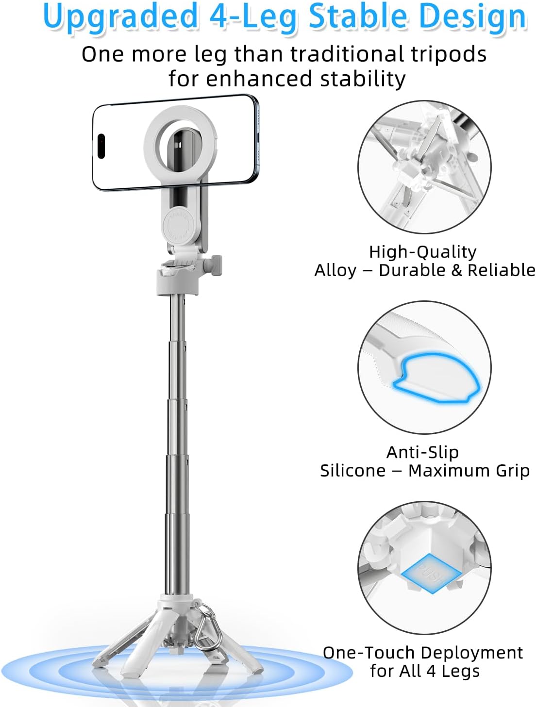 CloudValley Magnetic 4-in-1 Multifunctional Selfie Stick Tripod, Mini Portable Pocket Phone Stand with Detachable Remote, Compatible with MagSafe, for iPhone/Android, Travel Vlog, Live Stream, White