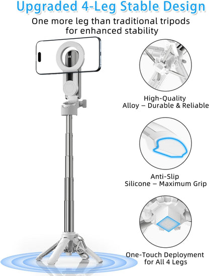 CloudValley Magnetic 4-in-1 Multifunctional Selfie Stick Tripod, Mini Portable Pocket Phone Stand with Detachable Remote, Compatible with MagSafe, for iPhone/Android, Travel Vlog, Live Stream, White