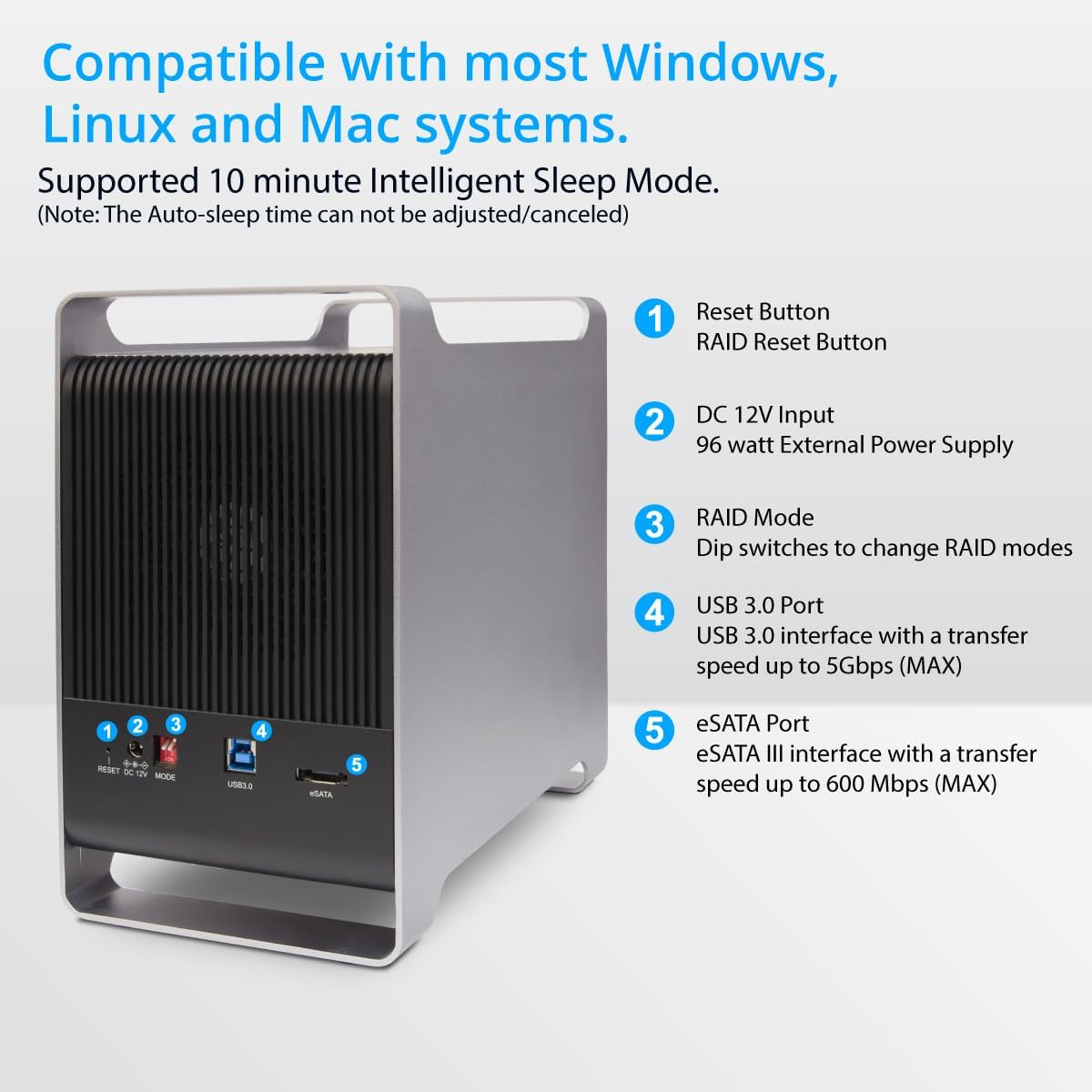 Syba 5 Bay 2.5" and 3.5" SATA HDD External USB 3.0 / eSATA RAID Hard Drive Enclosure Support 120TB & RAID 0/1/5/10/JBOD Mode SY-ENC50122