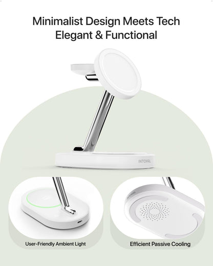 Intoval Fast Charging Station for Magsafe Apple Devices, Wireless Charger for MagSafe iPhones, 3 in 1 Magnetic Charger Stand for iPhone16/15/14/13, Apple Watch & AirPods.(White)