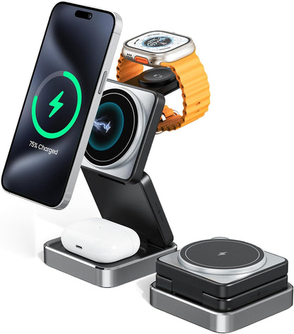 3-in-1 Wireless Charger for iPhone,15W Fast Wireless Charging Station Compatible with Mag-Safe Charger,Magnetic Foldable Travel Charger Stand Nightstand for iPhone 16/15/14/13/12,Apple Watch&AirPods