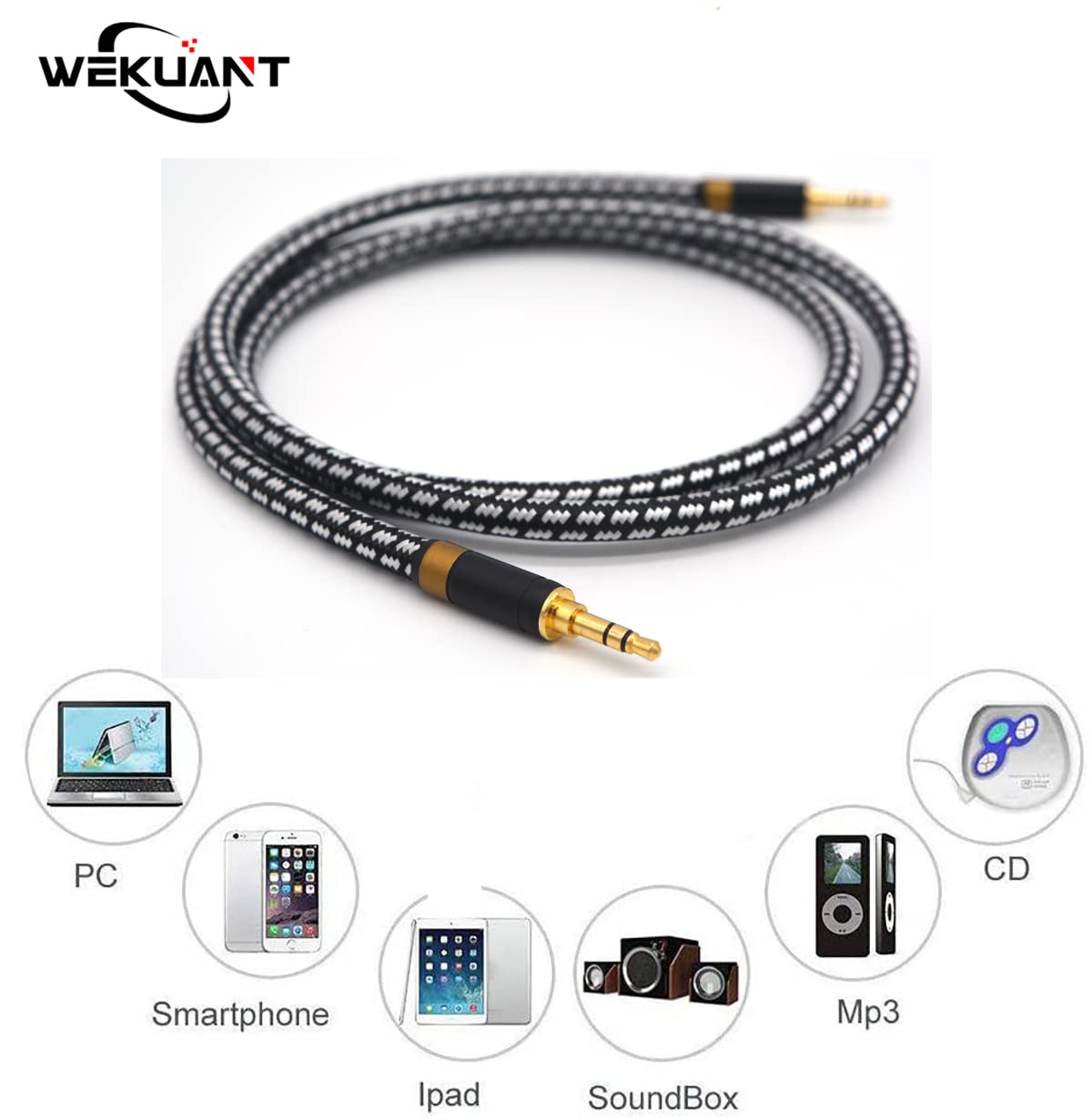 Aux Cord, Audiophile 3.5mm Stereo Audio Cable [2m (6.5 Feet), Silvered-Plated Copper core], Unbreakable and Great for Laptop, Tablets, Headphones, Cars and More.
