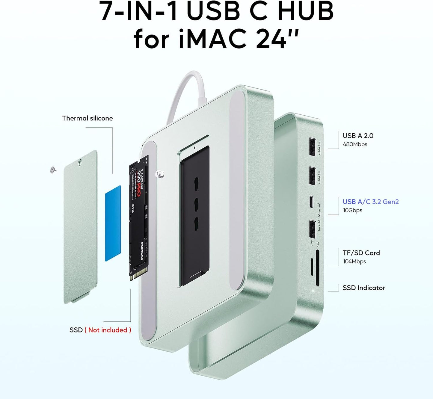 USB C HUB for iMac 24 inch 2021/2023/2024, USB Hub Adapter iMac Accessories for iMac M1/M3/M4 with USB C 10Gbps 3*USB A SD/TF, Docking Station Support Expand M.2 SSD (Not Included), Green