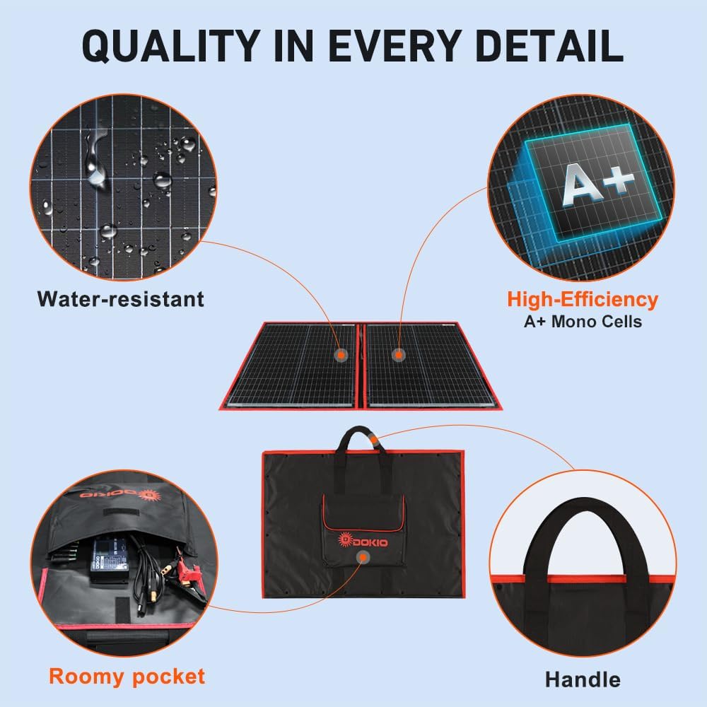 DOKIO 100W Portable Foldable Solar Panel Kit (19x26in, 5.3lb), with Separate Controller and Dual USB, Monocrystalline Charger for 12V Batteries & Power Stations, RV Camping Trailer Emergency Backup