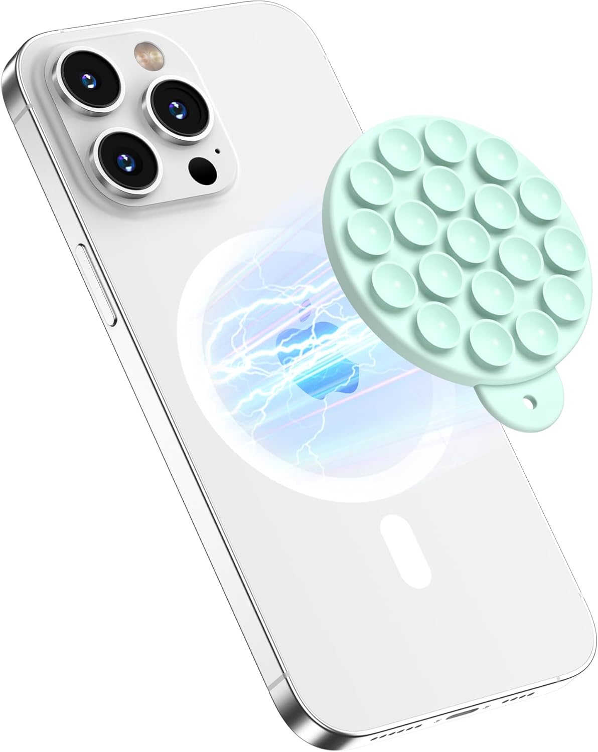 Magnetic Suction Cup Phone Mount for MagSafe Case, Silicone Hands-Free Phone Grip Holder for iPhone and Android, Mirror Shower Phone Stand for Makeup FaceTime Gym Kitchen Bathroom, Mint Green