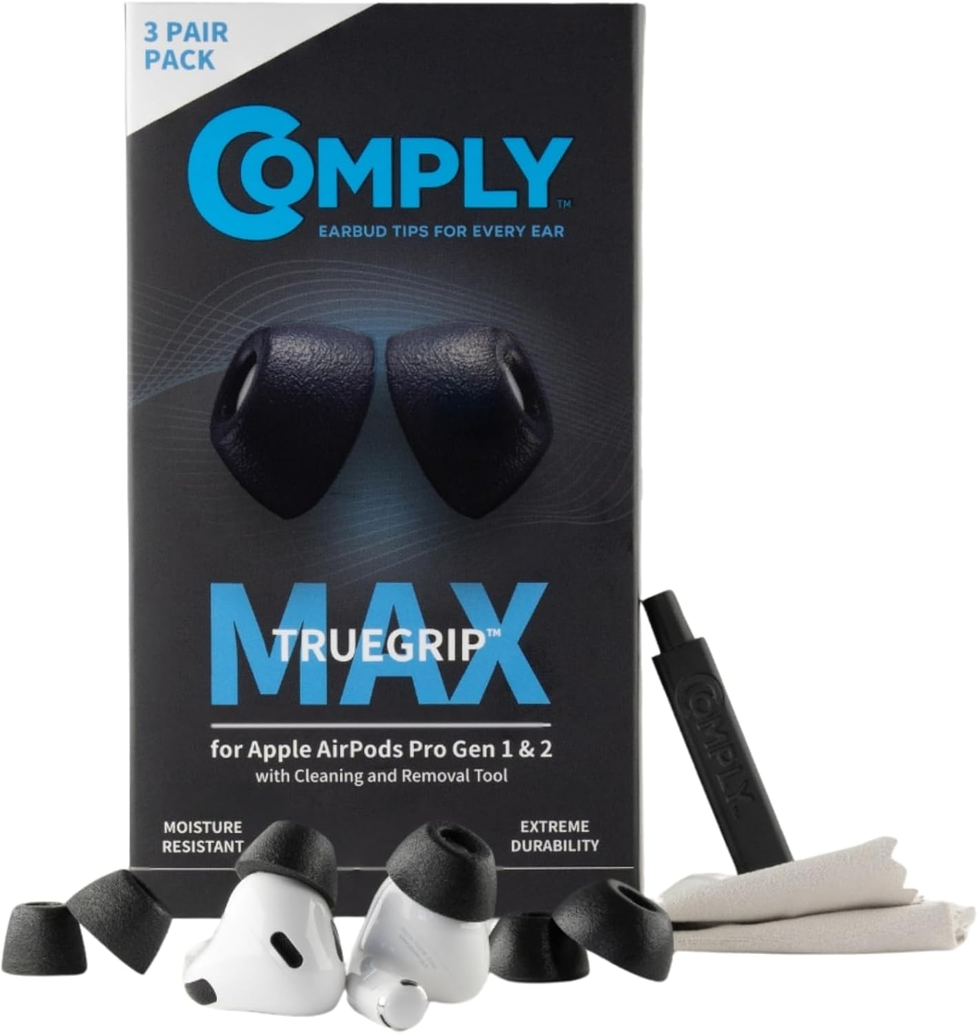 Comply TrueGrip MAX | Premium Memory Foam Replacement Earbud Tips for Apple AirPods Pro 1 & 2 | Long Lasting Comfort, Extreme Durability, Secure Fit, Superior Noise Isolation| Black (S/M/L) (3 Pairs)