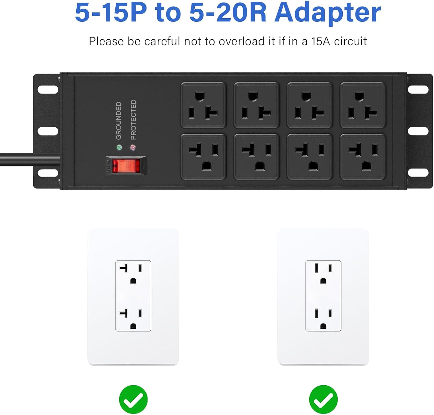 CCCEI Black Heavy Duty Power Strip Surge Protector 20 AMP, 8 Outlets 12 Gauge Industrial Shop Garage Metal Multiple Outlets, 15 FT Extension Cord 5-15P Adapter High Amp 6-20R T-Slot 20a for Appliance