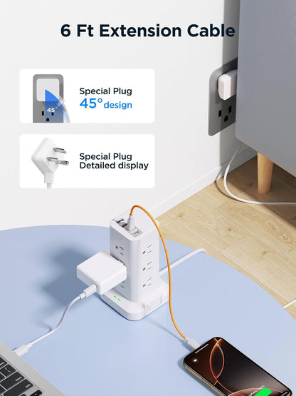 Surge Protector Power Strip, 6FT Flat Plug Extension Cord with 12 AC Outlets, 4 USB Charger(2 USB C Port), 1200 Joules Overload Protection, Desk Charging Station for Home Office, Dorm Room Essentials