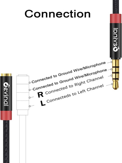 Devinal 3.5mm TRRS Headphone Extension Cable, 1/8" inch Female 4-Pole to Male Extension Cord, Mini-Jack Aux Stereo Audio Connector 10Ft/3M (2 Pack)