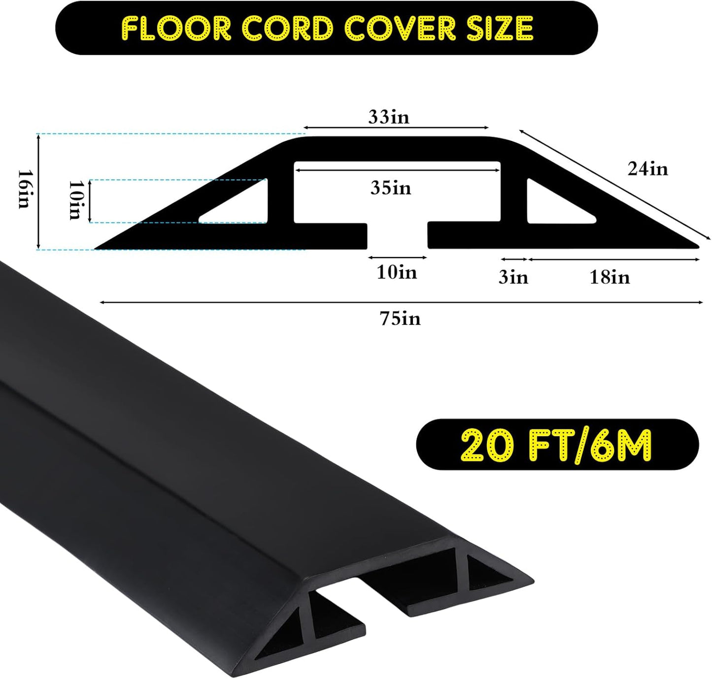 Pangda 20 FT Floor Cable Cover Heavy Duty Cord Cover Protector Power Cable Protector Soft Extension, Organize and Protect Wire on Floor for Home Office or Outdoor Settings (Black)