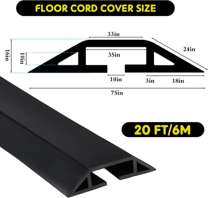Pangda 20 FT Floor Cable Cover Heavy Duty Cord Cover Protector Power Cable Protector Soft Extension, Organize and Protect Wire on Floor for Home Office or Outdoor Settings (Black)
