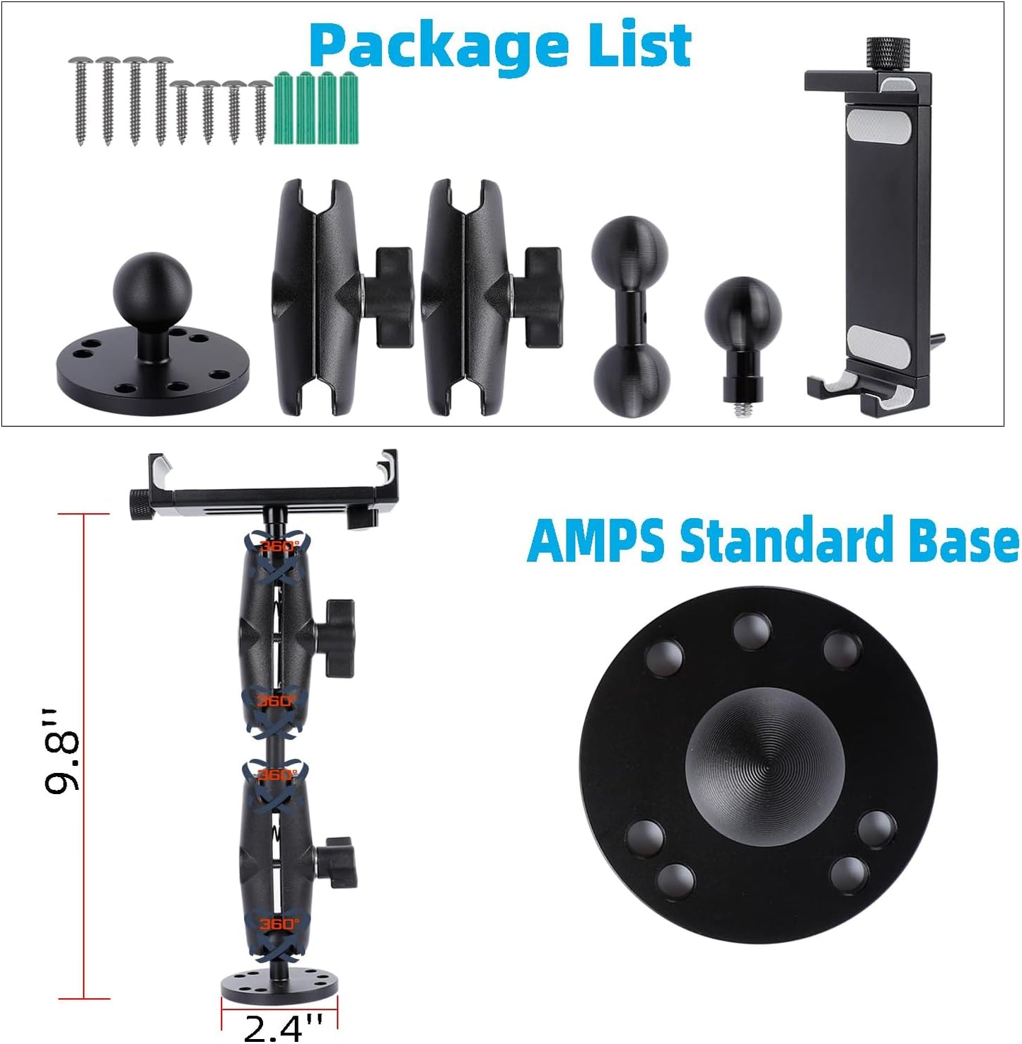 All-Aluminum Heavy Duty Drill Base Tablet Holder Mount for 4.7"-15" iPad Pro,Mini,Samsung Galaxy Tab, Surface, 360°Adjustable 2-Stage Arm Car Stand for Truck Dashboard Wall Desk Commercial Vehicle
