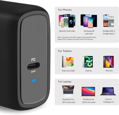 Amazon Basics 65W One-Port GaN USB-C Wall Charger with Power Delivery PD, Foldable Plug, for Laptops, Tablets & Phones, Black