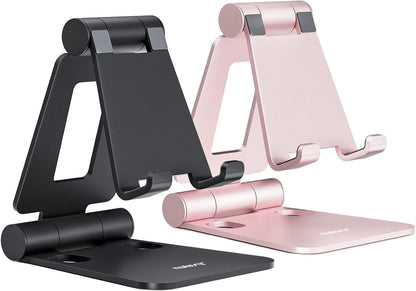 Nulaxy 2 Pack Dual Folding Cell Phone Stand, Fully Adjustable Foldable Desktop Phone Holder Cradle Dock Compatible with iPhone 17 16 15 14 13 12 Pro Max Xs Xr, All Phones, Black & Rose Gold