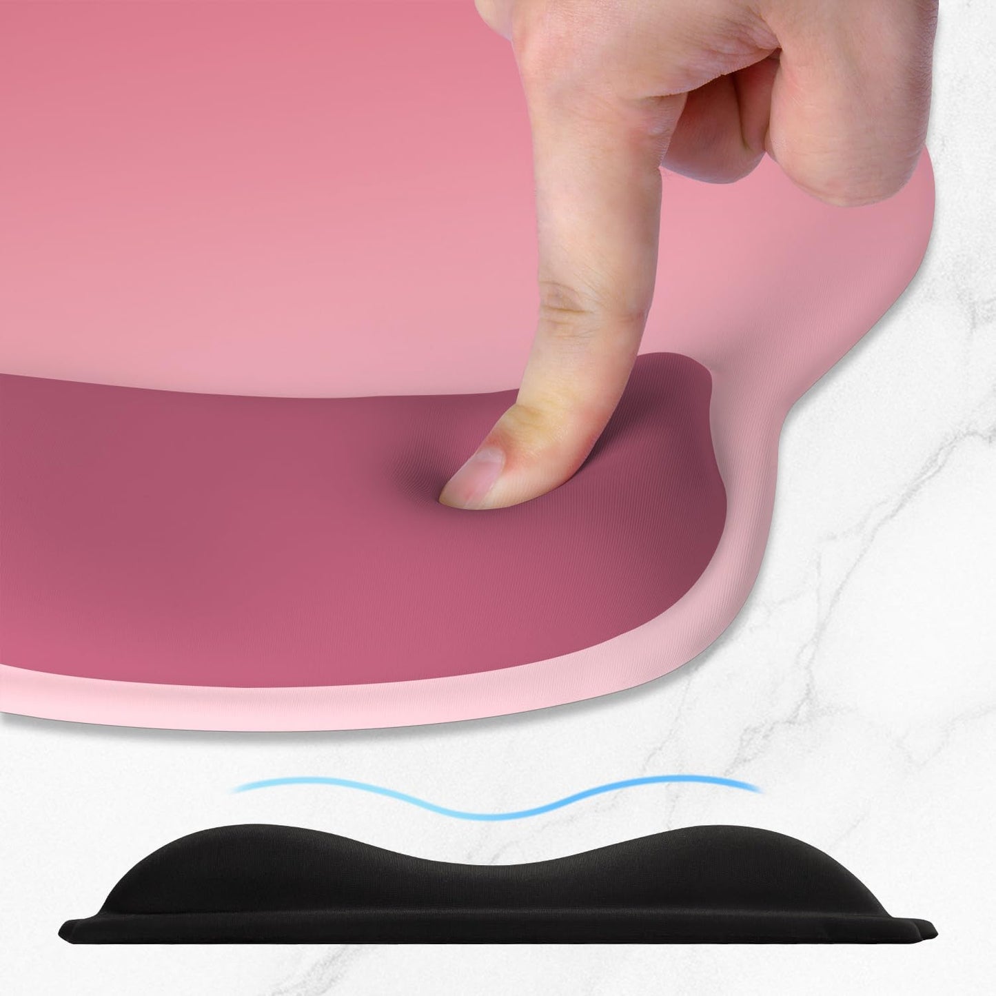 ITNRSIIET Ergonomic Mouse Pad with Wider Memory Foam Wrist Rest +17% - Curved Cushion Reduces Pressure 20%, Pain Relief, Non-Slip, Smooth, Cute Colors, 9.85 x 9 in, Pink Ombre