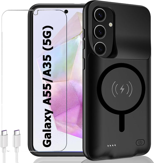 Battery Case for Galaxy A55/A35,Enhanced 12000mAh Portable Protective Smart Wireless Charging Case Support Carplay Compatible with Galaxy A55/A35 Rechargeable Extended Battery Charger Case (Black)