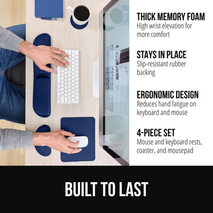 GORILLA GRIP Silky Gel Memory Foam Keyboard Wrist Rest and Mouse Pad for Computer, Ergonomic Design Typing Support, Desk Office Supplies, Hand & Arm Mousepad Cushion and Coaster 4 Piece Set Navy Blue