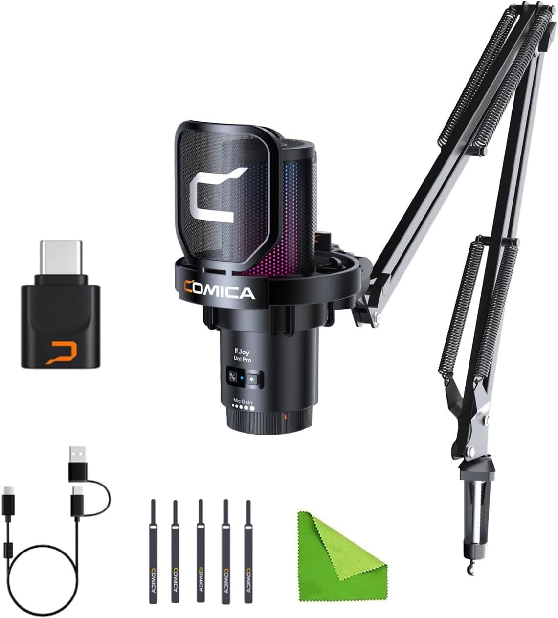 COMICA Wireless USB Microphone for Computer and Smartphone,48kHz/24bit RGB Cardioid Condenser Gaming Mic for Podcasting,Streaming,Recording with Boom Arm Stand-Black (EJoy Uni Pro A)