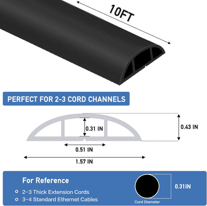 Floor Cord Cover Self Adhesive Cord Hider Floor Extension Cord Covers for Floor Power Cord Protector Cable Management Prevent Cable Trips Cable Cavity 0.51" W x 0.31" H (Black, 10Ft)
