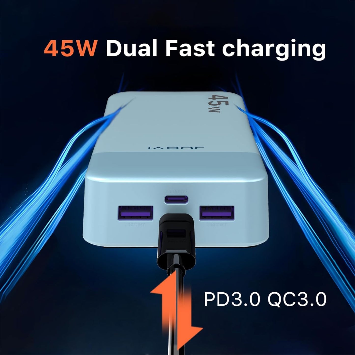 Power Bank, 20000mAh 45W Portable Charger, PD3.0 QC4.0 Fast Charging with LED Display, 2 USB-C, 2 USB-A, Battery Pack for iPhone 15 14 13 Series, MacBook, Galaxy, iPad, and More (Blue)