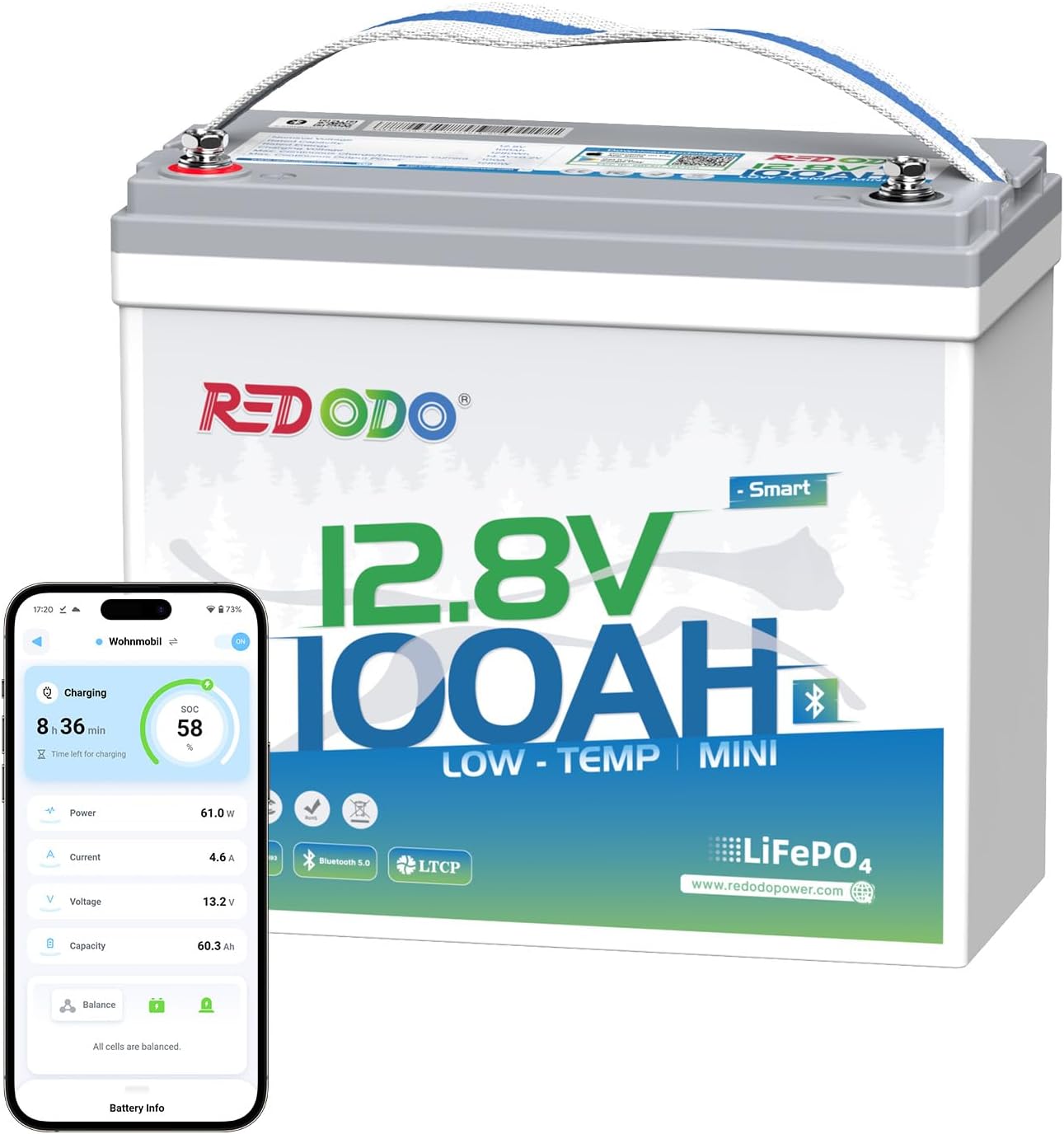 Redodo 12V 100Ah Smart Mini Bluetooth LiFePO4 Battery, Smallest Lithium Battery，Max 1280Wh, 10-Year Lifespan with Up to 15000 Deep Cycles, Upgraded 100A BMS for RV, Marine, Solar, Camping