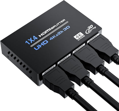 HDMI Splitter 1 in 4 Out 4K@30Hz, Powered 1x4 HDMI Video Splitter 4 Ports with Power Cord, Duplicate/Mirror Screen, Supports UltralHD 3D 1080P HDCP 1.4 for HDTV, STB, DVD, PS5/4/3, Projector, Etc