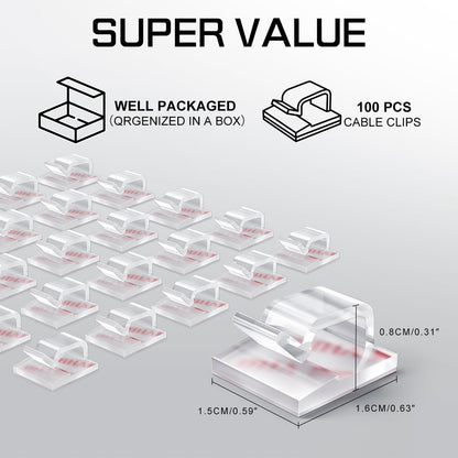 100PCS Cable Clips, Adhesive Wire Clips Strong Cord Clips Wire Holders, Cable Management Clips for Desk, Wall, Car, TV, Ethernet Cable (Clear, Small)