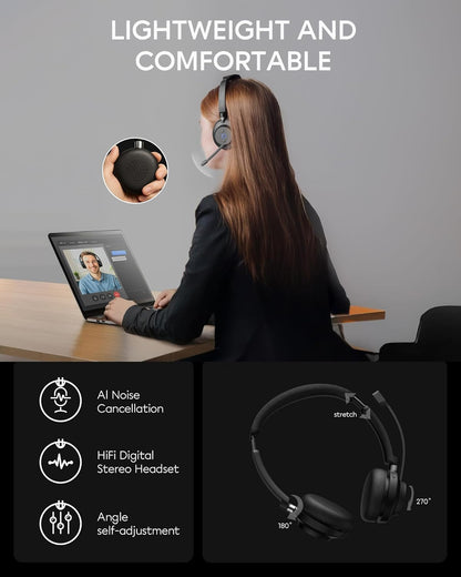 Wireless Headset with Mic for Work, Bluetooth 5.3, Advanced Noise Reduction Microphone, & HD Microphone & HiFi Stereo & Ultra Lightweight Comfortable Bluetooth Headphones for PC, Laptop, Phone,Zoom