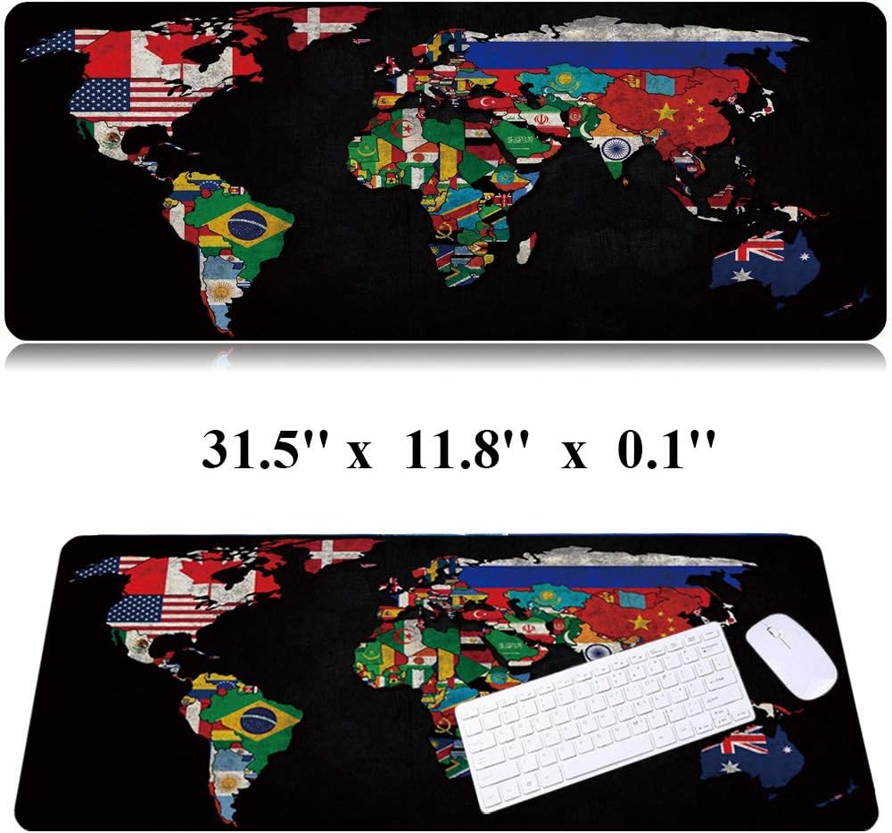 RTGGSEL 31.5x11.8 Inch Non-Slip Long Extended Large Gaming Mouse Pad with Stitched Edges XL Laptops Keyboard Mouse Mat(Black World Flag Map)