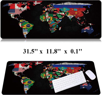 RTGGSEL 31.5x11.8 Inch Non-Slip Long Extended Large Gaming Mouse Pad with Stitched Edges XL Laptops Keyboard Mouse Mat(Black World Flag Map)