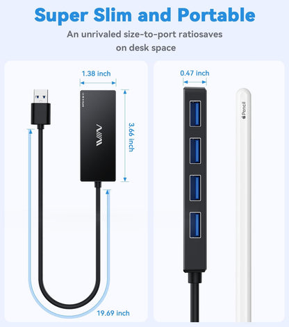 USB 3.0 Hub,4 Port USB Splitter Extender Portable Adapter Multiport Data Hub for Laptop,Xbox, Flash Drive,HDD,Console,Camera,Keyborad,Mouse Windows,Mac OS PC,Not Designed to Charge Devices-Black