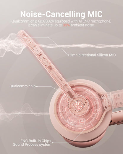 Wireless Headset with AI Noise Cancelling Microphone Bluetooth Headset - Bluetooth V5.2 Headphones with USB Dongle & Mic Mute for Computer/Laptop/PC/iPhone/Android/Cell Phones (Pink)