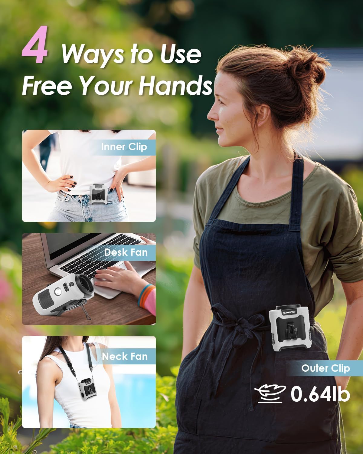 Portable Waist Fan Clip on, Personal Wearable Belt Fan 10000mAh Rechargeable Battery Under Shirt,5 Speeds with light, Neck Fan Hands-Free Cooling For Outdoor Camping Travel (White)