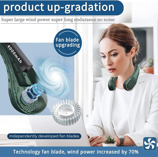 Neck Fan,Portable Bladeless Neck Fan, USB Rechargeable Personal Fan, 4000 mAh Battery Operated Wearable Fan, 3 Speeds Adjustable,Faster Cooling, Ultra Quiet, Suitable for Home, Office, Sports