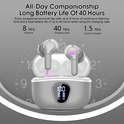 Wireless Earbuds, Bluetooth 5.4 Headphones HiFi Stereo, Bluetooth Earbuds with ENC Noise Cancelling Mic, IP7 Waterproof in Ear Earphones, 48H, LED Display Ear buds for Pad Workout Sports, Grey