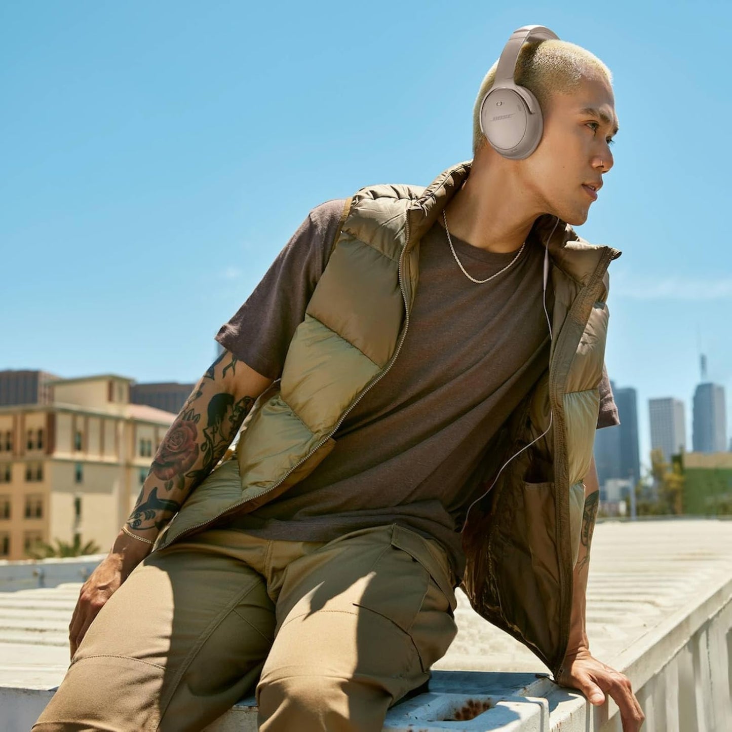 Bose QuietComfort Bluetooth Headphones, Wireless Headphones with Active Over Ear Noise Cancelling and Mic, Deep Bass, Up to 24 Hours of Playtime, Sandstone