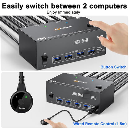 KVM Switch 3 Monitors 2 Computers 8K@60Hz/4K@144Hz, HDMI Displayport KVM Switches for 2 PC Sharing Triple Monitor and Keyboard Mouse with Power Adapter, Wired Extend Controller and USB3.0 Cables