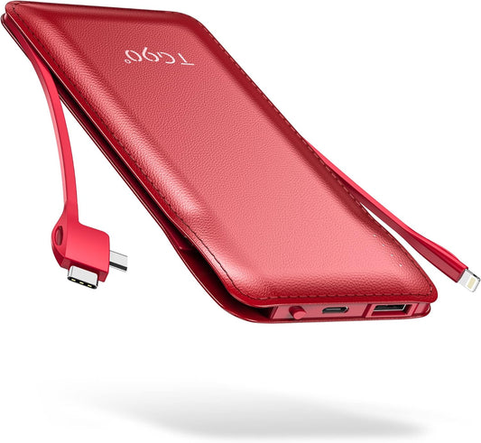 TG90° Portable Charger 10000mah Cell Phone Battery Backup, Ultra Slim Power Bank with Built in Lightning and USB-C Cable, Portable Phone Charger Battery Packs Compatible with iPhone Android Phones