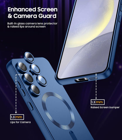 Magnetic for Samsung Galaxy S24 Plus Case [Compatible with MagSafe][Built-in Camera Lens Protector] Slim Soft Silicone Bumper Shockproof Metallic Luster Phone Case (Blue)