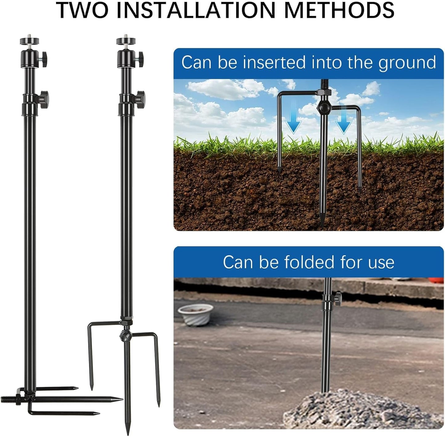 Trail Camera Mount,Height Adjustable (15.7"-28.3") & 360° Rotating Stake,Dual-Mode Base for Soft/Hard Ground Post,Game Cam Stand with 1/4"-20 Thread, Metal pole for Solar Panels,Hunting,Wildlife