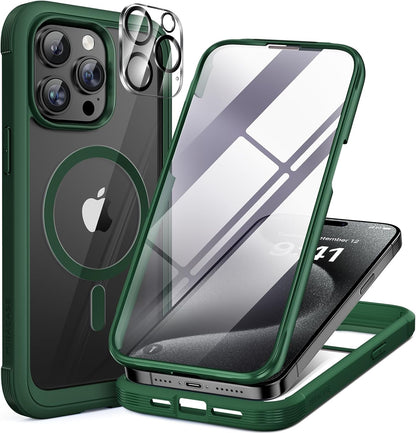 Miracase Magnetic for iPhone 12 Pro Max Case [Compatible with MagSafe] Full-Body Phone case with Built-in Glass Screen Protector& Camera Protector, Military Drop Proof 12 Pro Max Cover, Green