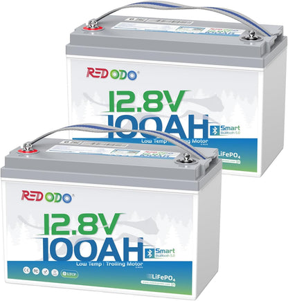 Redodo 2 Pack 12V 100Ah Group 31 Bluetooth LiFePO4 Battery, Low Temp Cutoff Lithium Battery with 100A BMS, Max. 15000 Deep Cycles, Perfect for RV, Trolling Motors, Off-Grid System