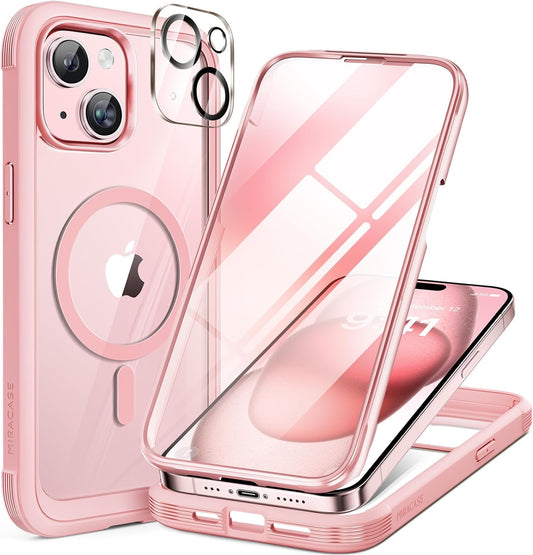 Miracase Magnetic for iPhone 15 Plus Case 6.7'' [Compatible with Magsafe] Full-Body Military Drop Proof 15 Plus Phone Case Cover with Built-in 9H Tempered Glass Screen Protector,Magnetic Pink